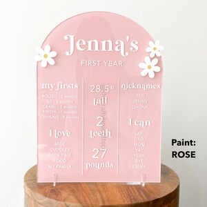 K&ouml;nnte beinhalten: Rosafarbenes Acrylschild mit wei&szlig;em Text und G&auml;nsebl&uuml;mchen-Akzenten. Das Schild zeigt den Namen "Jenna's" und Details &uuml;ber ihr erstes Jahr, einschlie&szlig;lich Gr&ouml;&szlig;e (72,4 cm) und Gewicht (12,2 kg).