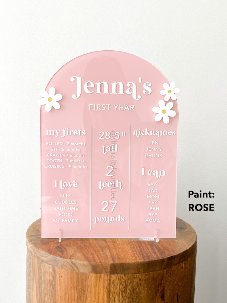 K&ouml;nnte beinhalten: Rosafarbenes Acrylschild mit wei&szlig;em Text und G&auml;nsebl&uuml;mchen-Akzenten. Das Schild zeigt den Namen "Jenna's" und Details &uuml;ber ihr erstes Jahr, einschlie&szlig;lich Gr&ouml;&szlig;e (72,4 cm) und Gewicht (12,2 kg).