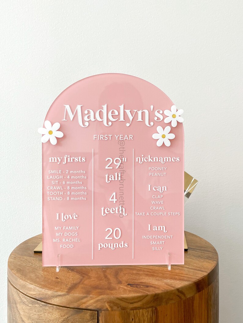 K&ouml;nnte beinhalten: Ein rosa Meilenstein-Schild aus Acryl mit wei&szlig;em Text und G&auml;nsebl&uuml;mchen-Akzenten. Das Schild zeigt den Namen "Madelyn's" und Details &uuml;ber ihr erstes Jahr, einschlie&szlig;lich ihrer Gr&ouml;&szlig;e von 74 cm und ihrem Gewicht von 9 kg.