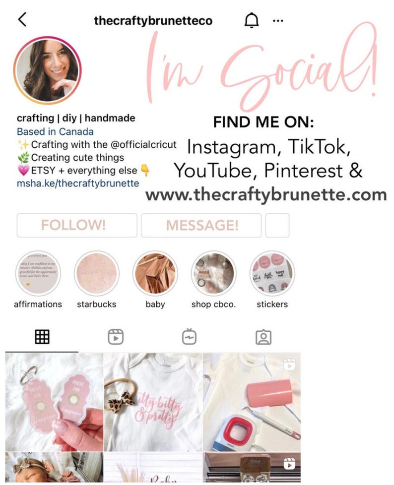 K&ouml;nnte beinhalten: Screenshot des Instagram-Profils von thecraftybrunetteco. Das Profilbild zeigt eine Frau. Der Text enth&auml;lt "I'm Social!" und "Finde mich auf: Instagram, TikTok, YouTube, Pinterest & www.thecraftybrunette.com."