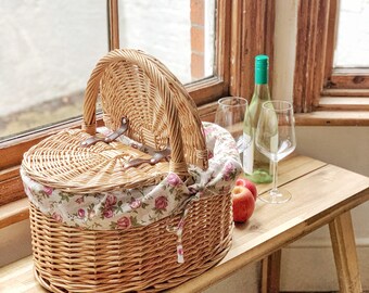 Delightful Oval Picnic Basket with Garden Rose Lining - Perfect for taking your picnic outside with you on a summers day