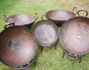 Vintage Indian Kadai with Stands - Sizes 26-36cm - Perfect for cooking over a fire - Garden Planters - Ice Buckets - Fire Bowls