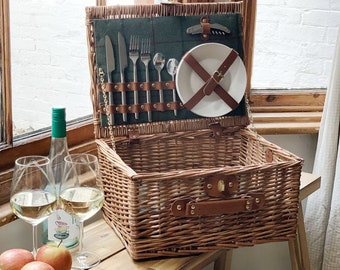 Delightful 2 Person Green Tweed Hamper - light steamed willow and real tan leather - Perfect for a summer picnic