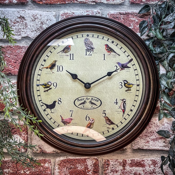 Engraved Personalised 29cm Wood effect Clock, with birdsong sound. Engraved with a message of your choice, an elegant gift item! Comes boxed