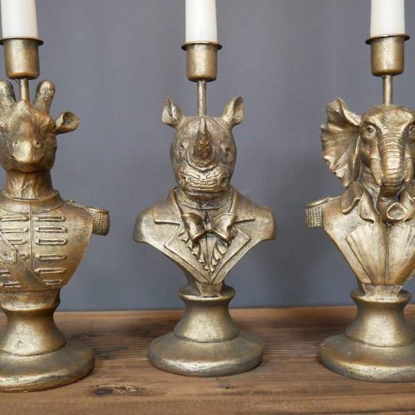 Quirky Zoo Animal Military uniform Candle Holders - 3 piece set - Giraffe, Rhino and Elephant - Shabby Chic