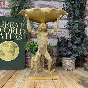 Monty the Macaque Monkey Bowl - Cute Quirky Golden Monkey Statue holding a leaf shaped bowl - 35cm High - Funky centrepiece for any home