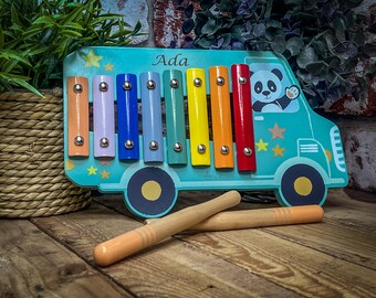 Beautiful Personalised Xylophone Happy Bus - Laser engraved with childs name - Ages 18m+