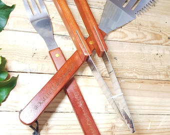 Personalised Heavy duty stainless steel BBQ set with wooden handles - tongs fork and spatula. Engraved with your message! Great for Dad!