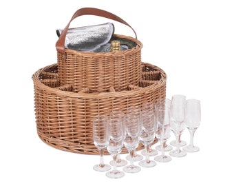 Beautiful Green Tweed Chilled Garden Party Basket with 12 Glasses - Perfect for a summer picnic - Engravable glasses and carry strap