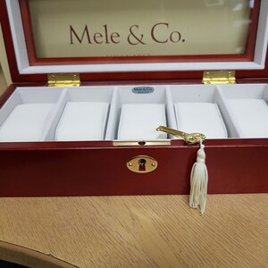 Red wooden watch box, with glass lid & lock holds 5 watches, engraved with your message code431 image 2