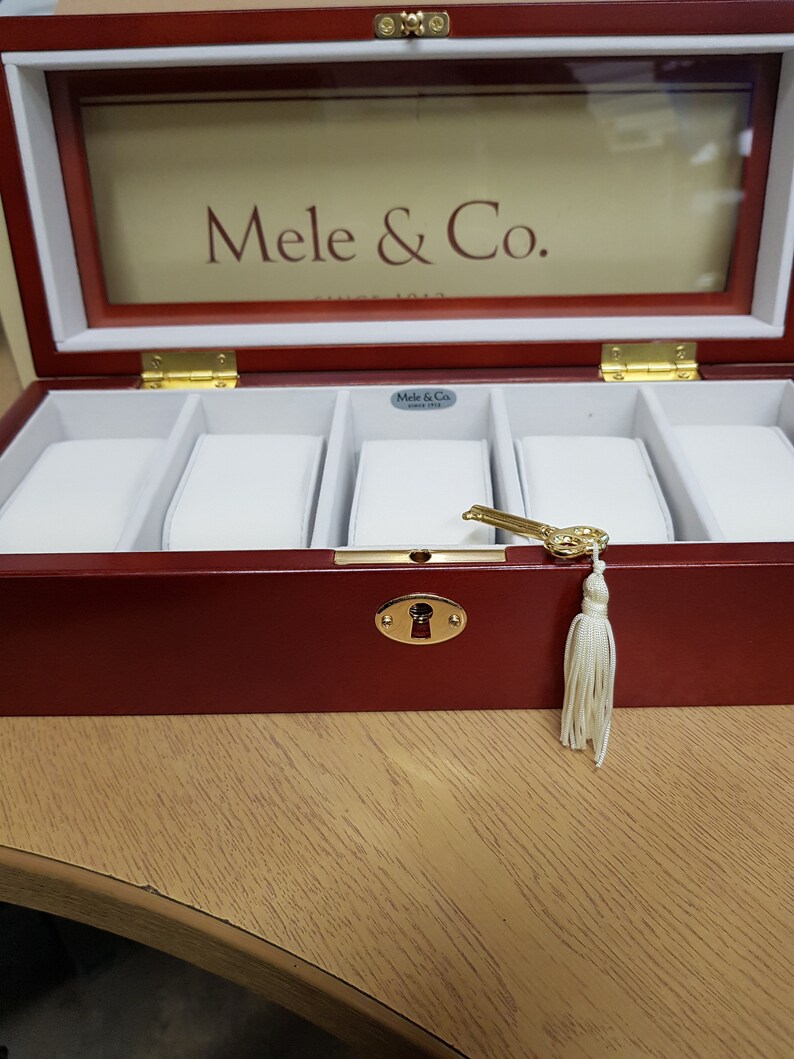 Red wooden watch box, with glass lid & lock holds 5 watches, engraved with your message code431 image 2