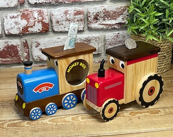 Personalised Children's Piggy Bank Money Box - Tractor or Steam Train - Hidden Lock - Custom Engraved With Child's Name - Suitable Ages 4+