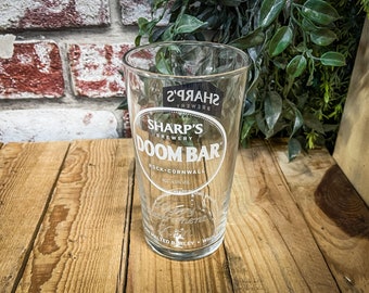 Engraved Doom Bar Pint Glass. Personalised with your message. Two Designs available - Great for Dad or a Beer lover!