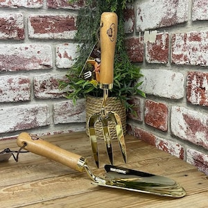 Personalised Fallen Fruits Golden Garden Trowel or Fork. Your message laser engraved in the handle. Amazing personal gift for gardeners