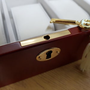 Red wooden watch box, with glass lid & lock holds 5 watches, engraved with your message code431 image 6