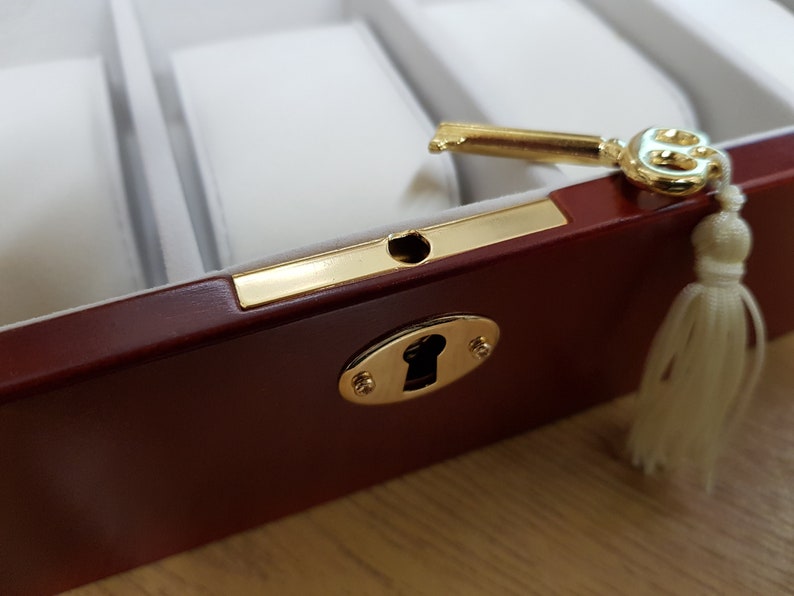 Red wooden watch box, with glass lid & lock holds 5 watches, engraved with your message code431 image 6