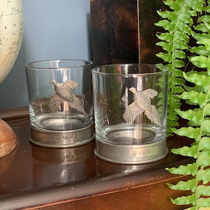 Beautiful Pheasant Double Tumbler Set - 11oz Glass tumblers with solid pewter base and pheasant adornment. Engraved with your text
