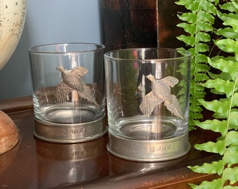 Beautiful Pheasant Double Tumbler Set - 11oz Glass tumblers with solid pewter base and pheasant adornment. Engraving available!