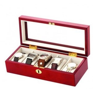 Red wooden watch box, with glass lid & lock holds 5 watches, engraved with your message code431 image 1