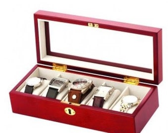 Red wooden watch box, with glass lid & lock - holds 5 watches, engraved with your message! code431