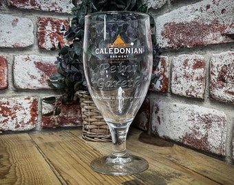 Engraved Caledonian Brewery Pint Glass. Personalised with your message. Great for Dad or a Beer lover!