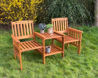 Beautiful Personalised Love seat, teak oiled hardwood engraved with your message. Wedding / Retirement / Anniversary, a unique Garden gift!