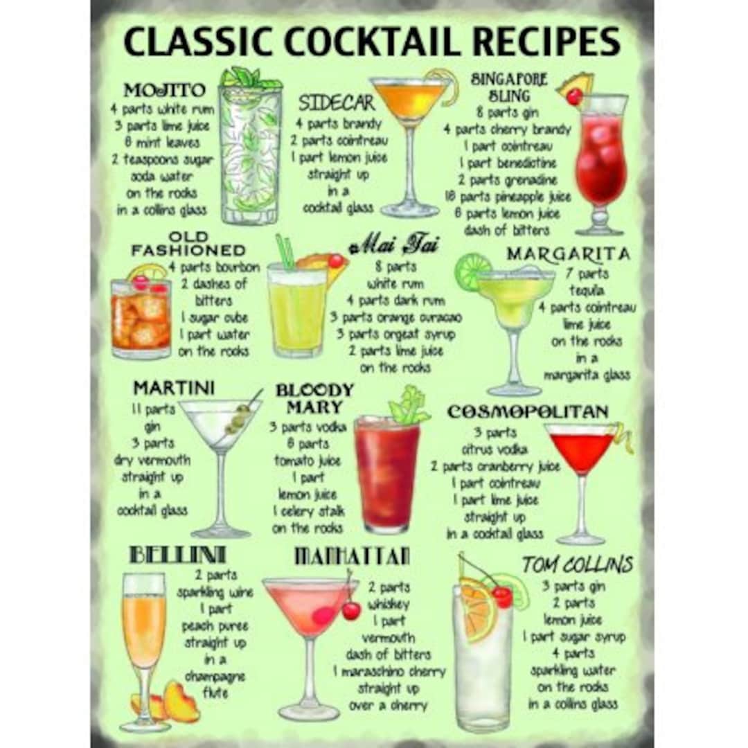 Classic Cocktail Recipes Metal Sign Funny Sign Great Gift 2 Sizes ...