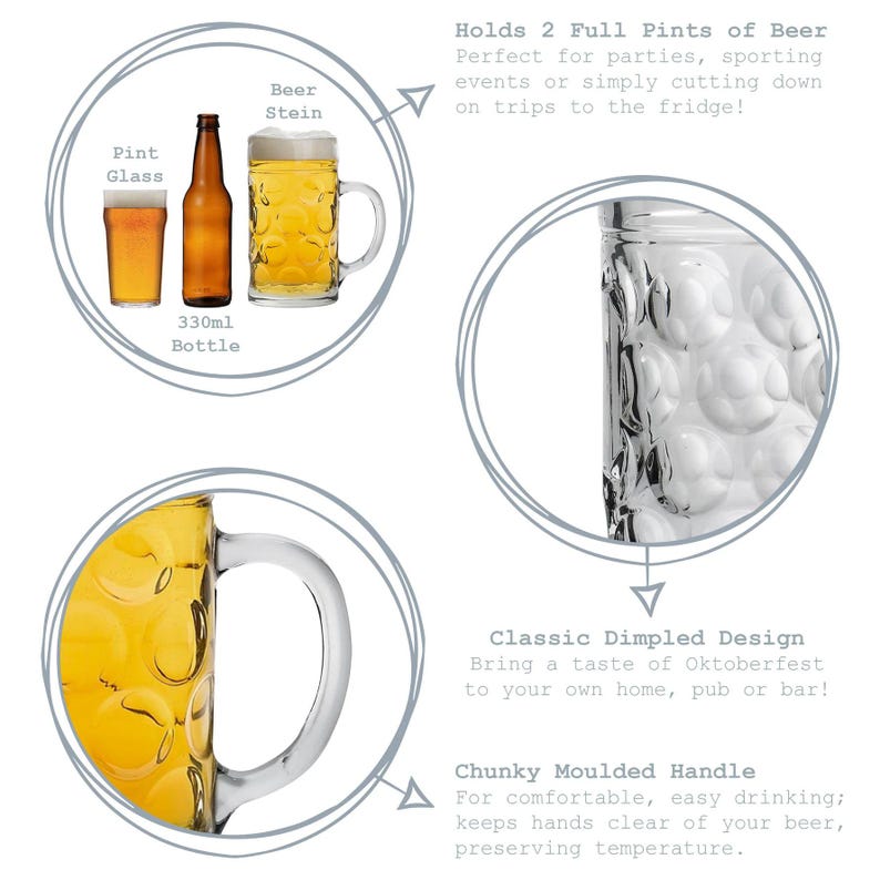 May include: An image showcasing beer glasses and a bottle. The image includes a pint glass, a 330ml bottle, and a beer stein. The beer stein has a classic dimpled design and a chunky molded handle. The text says it holds 2 full pints of beer.