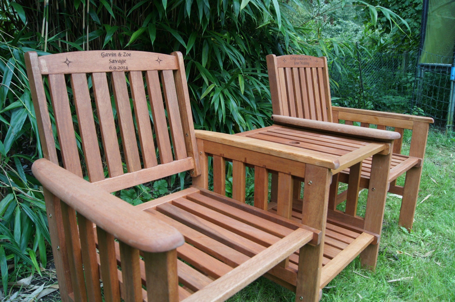 Beautiful Love seat, teak oiled hardwood personalised with your messa…