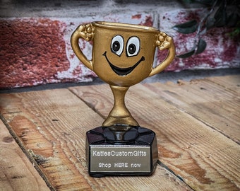 Happy Face Trophy - Solid Resin - Engraved! 2 sizes available - Great for kids Christmas quiz schools exam achievement
