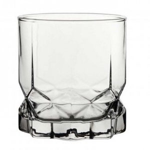 May include: A clear glass tumbler with a faceted design. The glass has a wide base and a straight, cylindrical body.