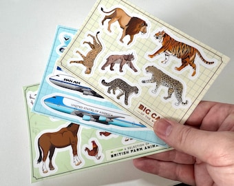 A6-stickervellen: grote katten, boerderijdieren, vliegtuigen | Educatief knutselen voor kinderen