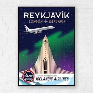 Iceland Reykjavik Vintage Airline Travel Poster | Retro Loftleidir Wall Art Print | Iceland Home Decor