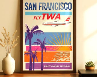 San Francisco Retro Poster, Hand Drawn TWA Vintage Airline Art | California Wall Print