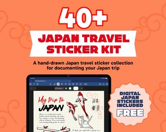 May include: A digital Japan travel sticker kit featuring over 40 hand-drawn illustrations. The graphic displays the text 40+ JAPAN TRAVEL STICKER KIT and DIGITAL JAPAN STICKERS INCLUDED FREE, with a tablet screen showing koi fish and origami.