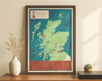 Scotland Whiskey Distillery Map, Hand Drawn UK Whisky Art Print, Scottish Gift