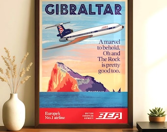 Gibraltar Retro Poster, Hand Drawn BEA Vintage Airline Art | Rock of Gibraltar Wall Print