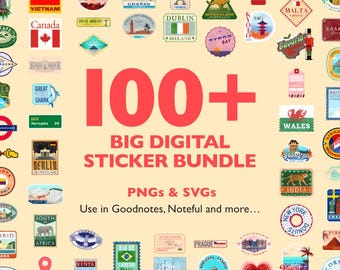 May include: A digital sticker bundle featuring over 100 colorful travel-themed graphics, including flags, landmarks, and regional icons. The central text reads 100+ BIG DIGITAL STICKER BUNDLE PNGs & SVGs. Use in Goodnotes, Noteful and more...