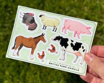 Stickervel Britse boerderijdieren | Waterdicht vinyl A6, met de hand geïllustreerde stickers