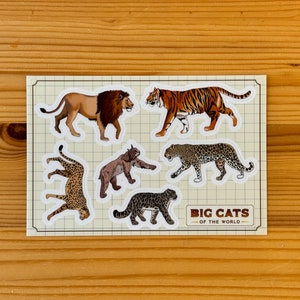 以下が含まれることがあります： 世界中の様々な大型ネコ科の動物を描いた6枚のステッカーセット。ステッカーは、グリッドパターンが描かれた白い背景に貼られています。ステッカーには、ライオン、トラ、ヒョウ、チーター、オオヤマネコ、ユキヒョウが描かれています。ステッカーはすべてカラーで、リアルなスタイルです。シートの下部には「BIG CATS - OF THE WORLD」というテキストが印刷されています。