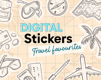 15+ digitale reisstickers voor GoodNotes | Handgetekende PNG-clipart voor planners en dagboeken | Digitale download in vintage stijl