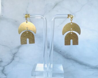 Golden Earrings| Handcrafted Dangly Statement Earrings| Crescent Moon and Arch Brushed Brass fitted with a Ball Stud