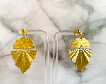Golden Earrings| Handcrafted Dangly Statement Earrings| Brushed Semi Circle with Wrinkle Brass Triangle and Ball Stud