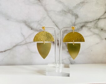 Golden Brass Earrings| Handcrafted Dangly Statement Earrings| Hammered Semi Circle with  Brass Triangle and Ball Stud