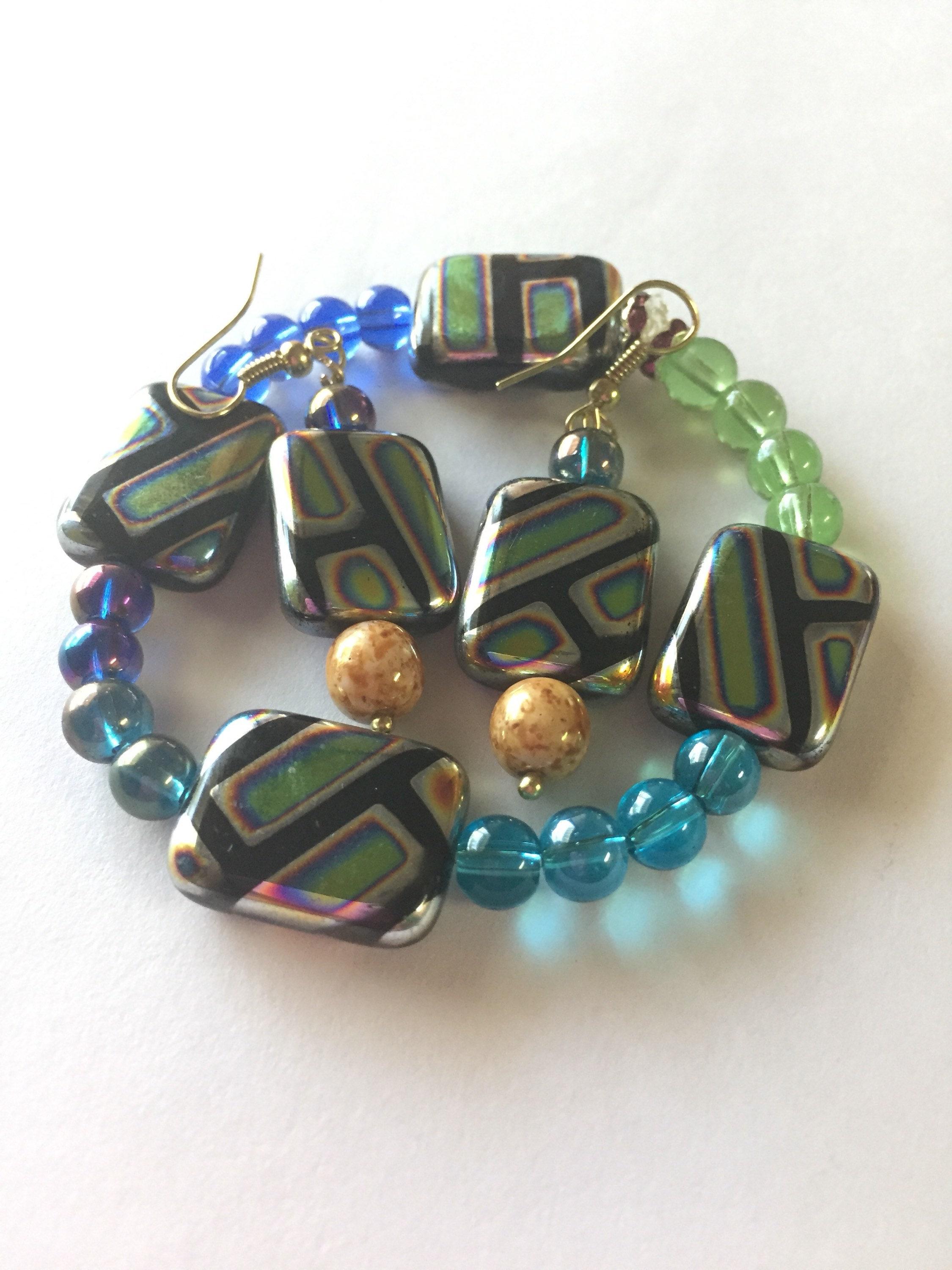 Multicolored Glass Beads Jewelry Set Bracelet and Earrings Etsy