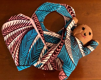 Baby Blanket, Shawl, Burp Cloth, Bib, Rag doll, Ankara, Baby Shower Gift, Soft Rattle Toy, African Print, Unique, Afrocentric, Blue, Pink