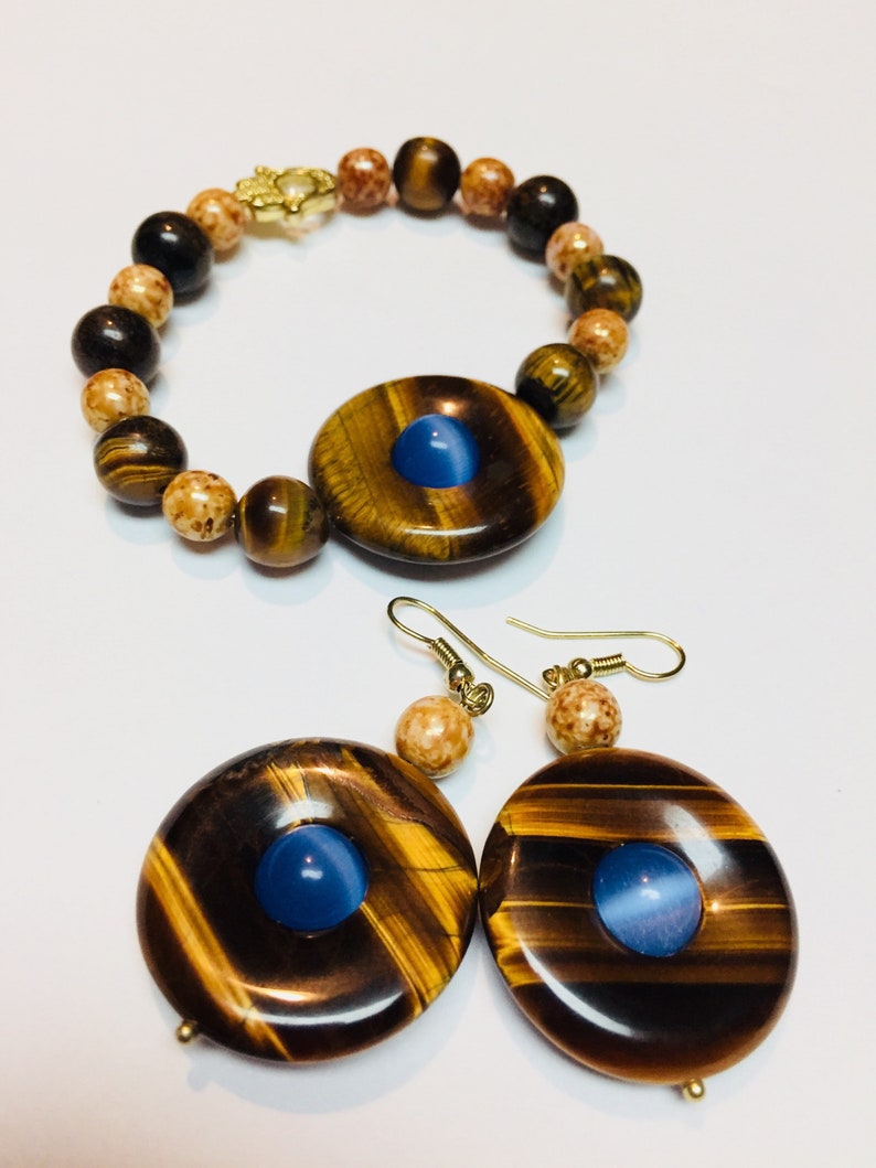 Tigers eye and cats eye Jewelry Set, Bracelet and Earrings, gemstone, beads, Handcrafted, Jewellery, Gift for mom, Gift for her, custom made image 3