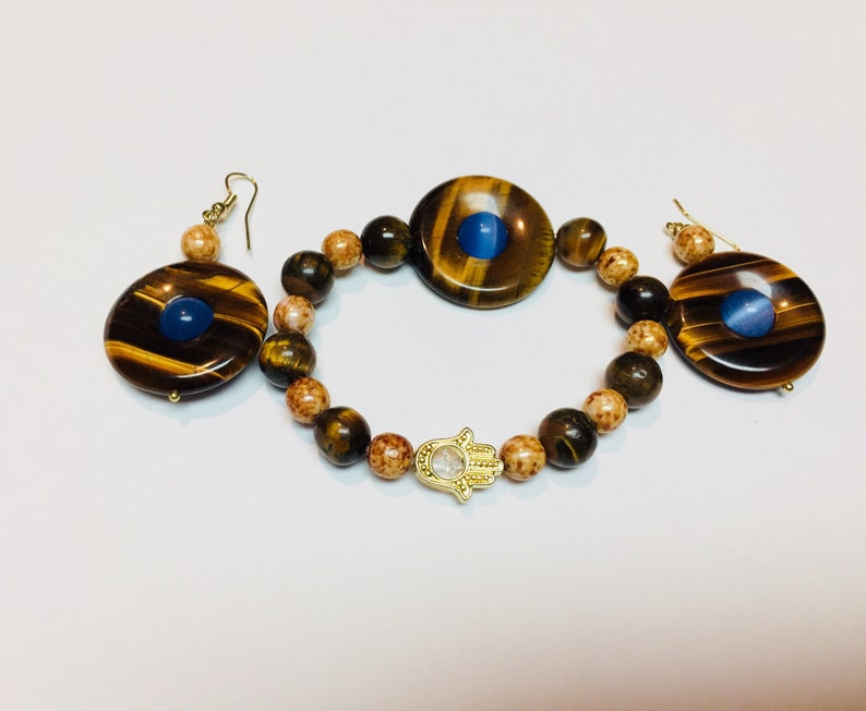 Tigers eye and cats eye Jewelry Set, Bracelet and Earrings, gemstone, beads, Handcrafted, Jewellery, Gift for mom, Gift for her, custom made image 8