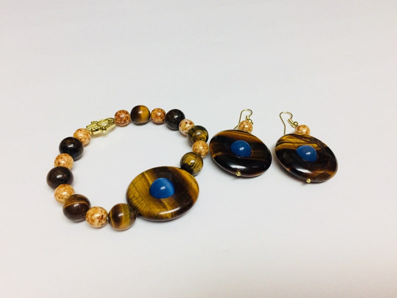 Tigers eye and cats eye Jewelry Set, Bracelet and Earrings, gemstone, beads, Handcrafted, Jewellery, Gift for mom, Gift for her, custom made image 4