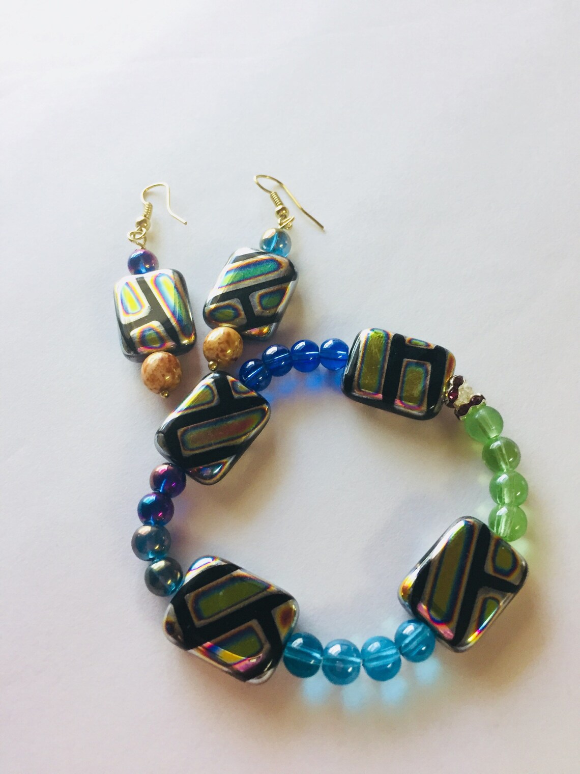 Multicolored Glass Beads Jewelry Set Bracelet and Earrings Etsy